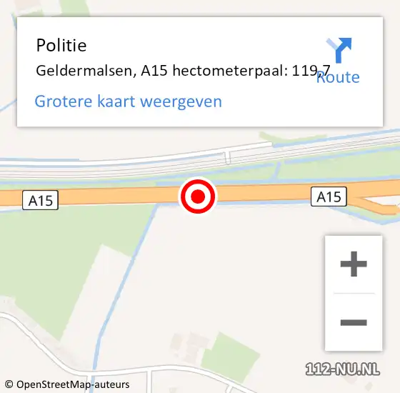 Locatie op kaart van de 112 melding: Politie Geldermalsen, A15 hectometerpaal: 119,7 op 9 september 2021 03:25