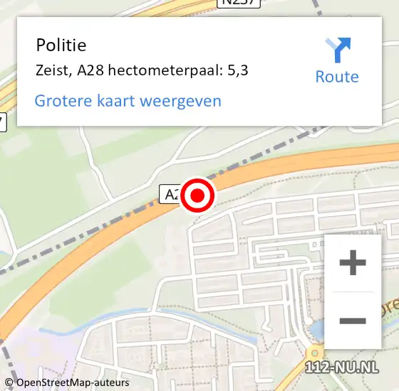 Locatie op kaart van de 112 melding: Politie Zeist, A28 hectometerpaal: 5,3 op 9 september 2021 07:50