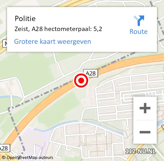 Locatie op kaart van de 112 melding: Politie Zeist, A28 hectometerpaal: 5,2 op 9 september 2021 07:51