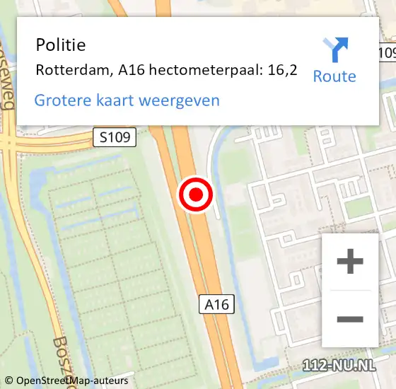 Locatie op kaart van de 112 melding: Politie Rotterdam, A16 hectometerpaal: 16,2 op 9 september 2021 08:11