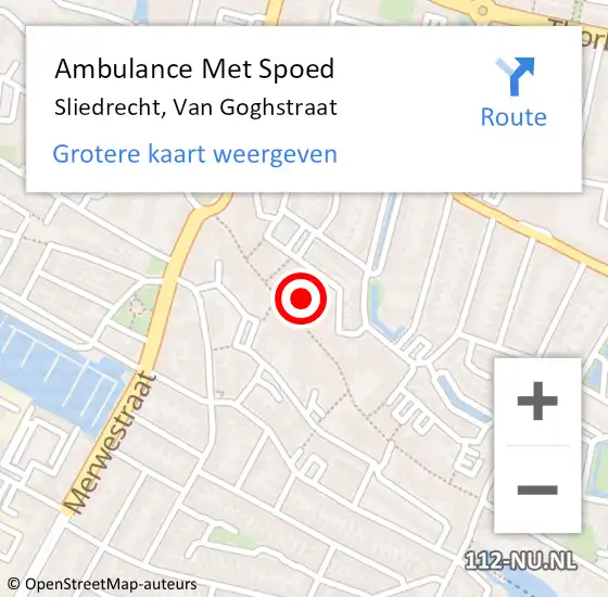 Locatie op kaart van de 112 melding: Ambulance Met Spoed Naar Sliedrecht, Van Goghstraat op 9 september 2021 08:40