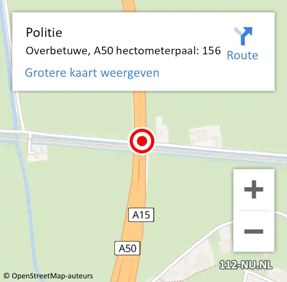 Locatie op kaart van de 112 melding: Politie Overbetuwe, A50 hectometerpaal: 156 op 9 september 2021 11:13