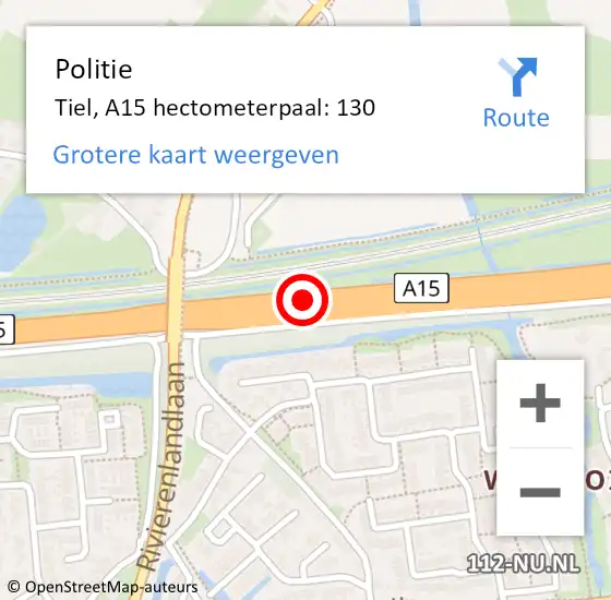 Locatie op kaart van de 112 melding: Politie Tiel, A15 hectometerpaal: 130 op 9 september 2021 11:31