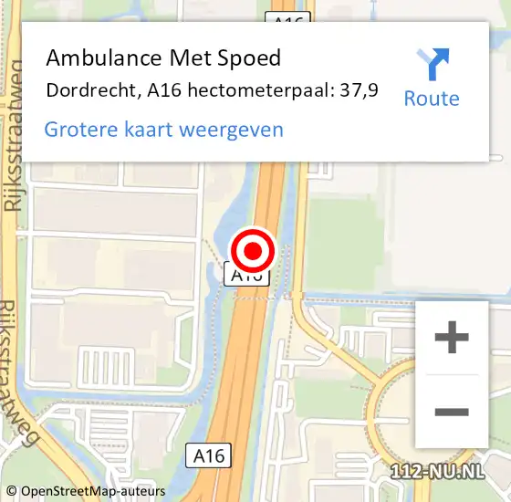 Locatie op kaart van de 112 melding: Ambulance Met Spoed Naar Dordrecht, A16 hectometerpaal: 37,9 op 9 september 2021 11:46
