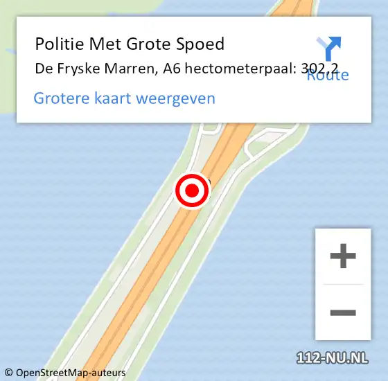 Locatie op kaart van de 112 melding: Politie Met Grote Spoed Naar De Friese Meren, A6 hectometerpaal: 302,2 op 9 september 2021 11:59