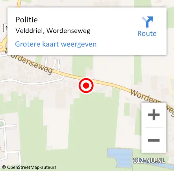 Locatie op kaart van de 112 melding: Politie Velddriel, Wordenseweg op 9 september 2021 12:52