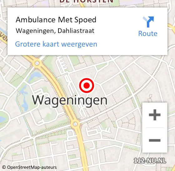 Locatie op kaart van de 112 melding: Ambulance Met Spoed Naar Wageningen, Dahliastraat op 9 september 2021 13:07