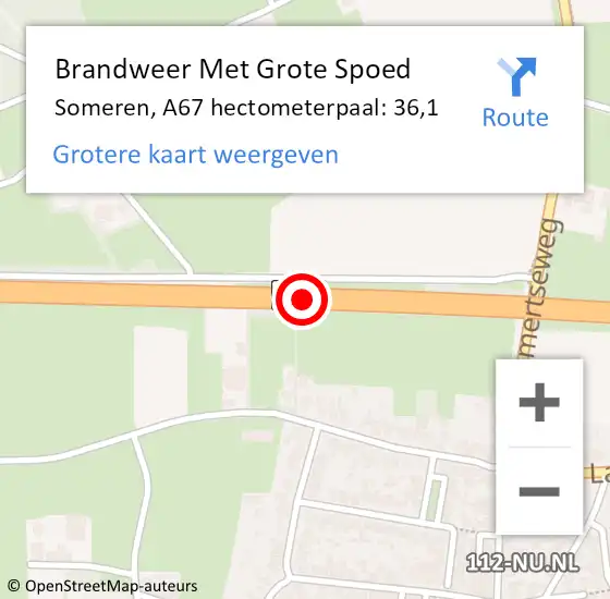 Locatie op kaart van de 112 melding: Brandweer Met Grote Spoed Naar Someren, A67 hectometerpaal: 36,1 op 9 september 2021 13:12