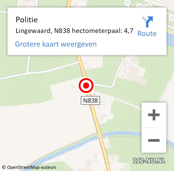Locatie op kaart van de 112 melding: Politie Lingewaard, N838 hectometerpaal: 4,7 op 9 september 2021 13:40