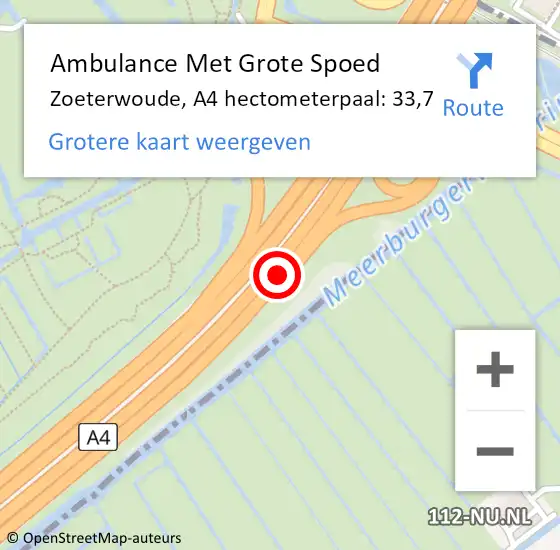 Locatie op kaart van de 112 melding: Ambulance Met Grote Spoed Naar Zoeterwoude, A4 hectometerpaal: 33,7 op 9 september 2021 14:22