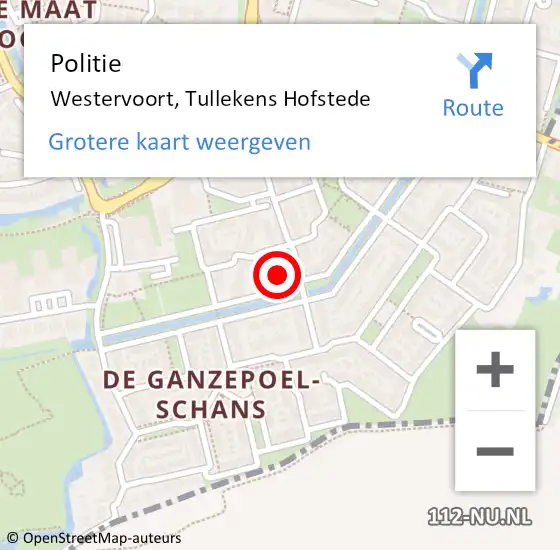 Locatie op kaart van de 112 melding: Politie Westervoort, Tullekens Hofstede op 9 september 2021 15:55
