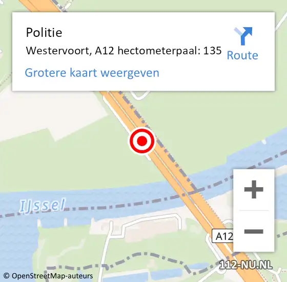Locatie op kaart van de 112 melding: Politie Westervoort, A12 hectometerpaal: 135 op 9 september 2021 15:55