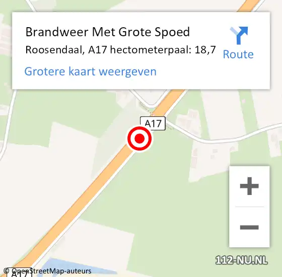 Locatie op kaart van de 112 melding: Brandweer Met Grote Spoed Naar Roosendaal, A17 hectometerpaal: 18,7 op 9 september 2021 16:34