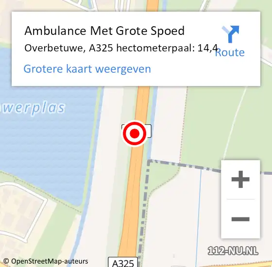 Locatie op kaart van de 112 melding: Ambulance Met Grote Spoed Naar Overbetuwe, A325 hectometerpaal: 14,4 op 9 september 2021 17:39