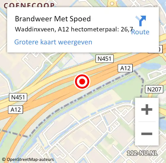 Locatie op kaart van de 112 melding: Brandweer Met Spoed Naar Waddinxveen, A12 hectometerpaal: 26,7 op 9 september 2021 18:17