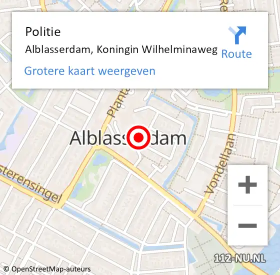 Locatie op kaart van de 112 melding: Politie Alblasserdam, Koningin Wilhelminaweg op 9 september 2021 19:52