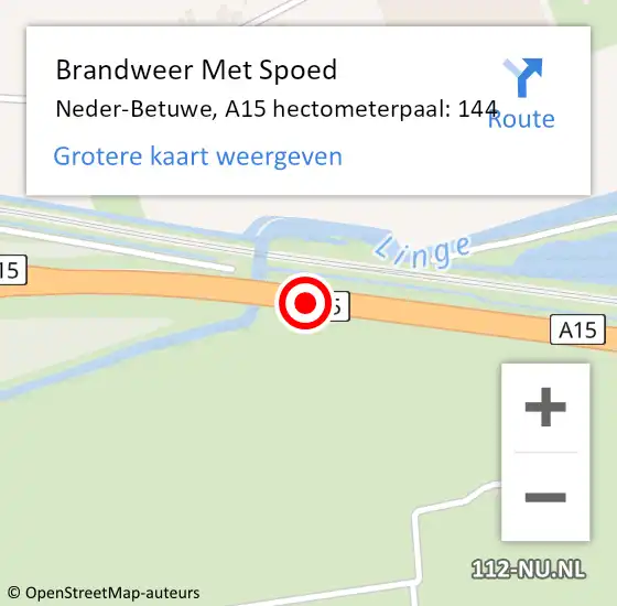 Locatie op kaart van de 112 melding: Brandweer Met Spoed Naar Neder-Betuwe, A15 hectometerpaal: 144 op 9 september 2021 20:44