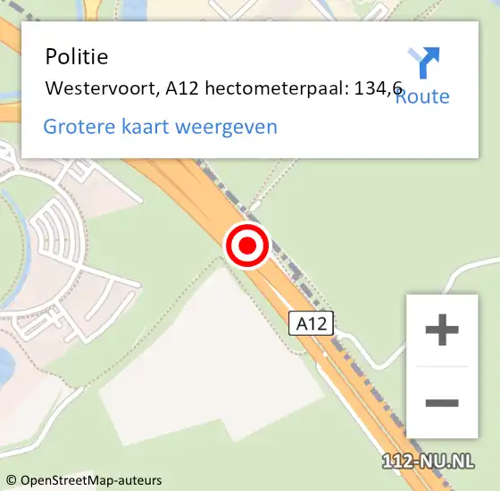 Locatie op kaart van de 112 melding: Politie Westervoort, A12 hectometerpaal: 134,6 op 9 september 2021 21:11