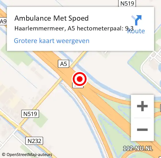 Locatie op kaart van de 112 melding: Ambulance Met Spoed Naar Haarlemmermeer, A5 hectometerpaal: 9,3 op 9 september 2021 22:26