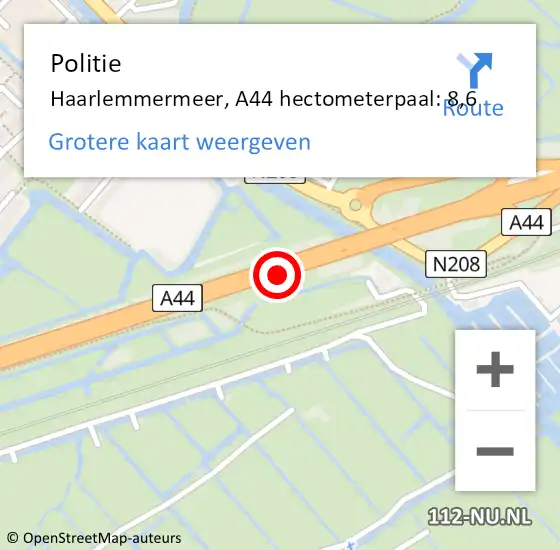 Locatie op kaart van de 112 melding: Politie Haarlemmermeer, A44 hectometerpaal: 8,6 op 10 september 2021 01:23
