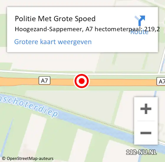 Locatie op kaart van de 112 melding: Politie Met Grote Spoed Naar Hoogezand-Sappemeer, A7 hectometerpaal: 219,2 op 10 september 2021 05:09