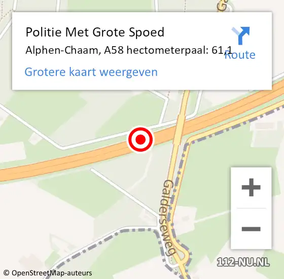 Locatie op kaart van de 112 melding: Politie Met Grote Spoed Naar Alphen-Chaam, A58 hectometerpaal: 61,1 op 10 september 2021 07:09