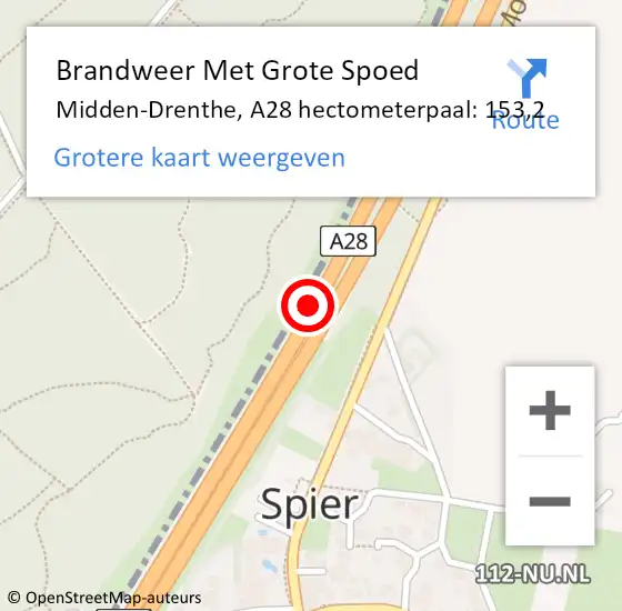 Locatie op kaart van de 112 melding: Brandweer Met Grote Spoed Naar Midden-Drenthe, A28 hectometerpaal: 153,2 op 10 september 2021 07:34