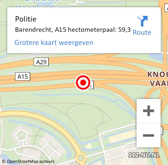 Locatie op kaart van de 112 melding: Politie Barendrecht, A15 hectometerpaal: 59,3 op 10 september 2021 08:05