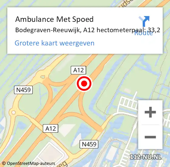 Locatie op kaart van de 112 melding: Ambulance Met Spoed Naar Bodegraven-Reeuwijk, A12 hectometerpaal: 33,2 op 10 september 2021 08:30