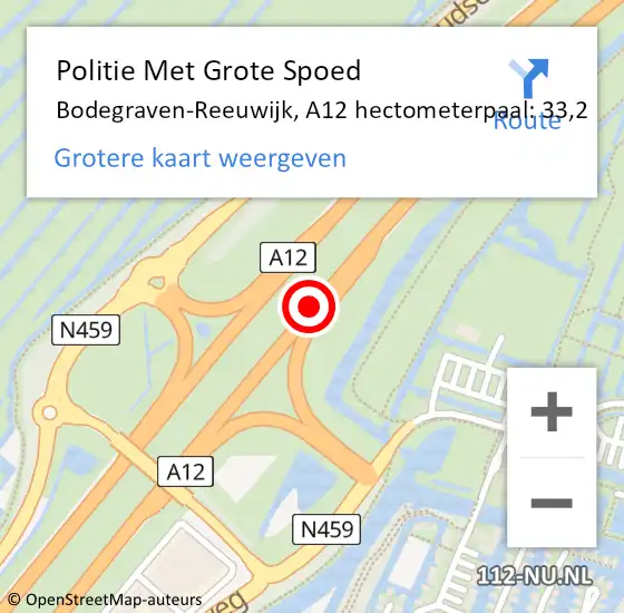 Locatie op kaart van de 112 melding: Politie Met Grote Spoed Naar Bodegraven-Reeuwijk, A12 hectometerpaal: 33,2 op 10 september 2021 08:32
