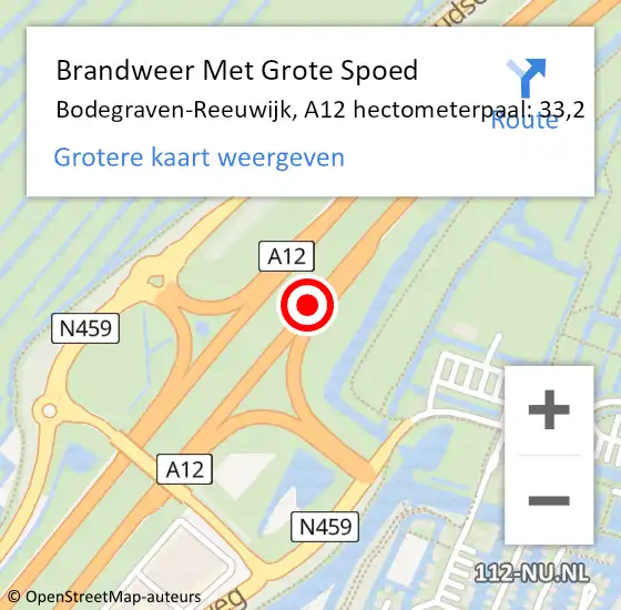 Locatie op kaart van de 112 melding: Brandweer Met Grote Spoed Naar Bodegraven-Reeuwijk, A12 hectometerpaal: 33,2 op 10 september 2021 08:32