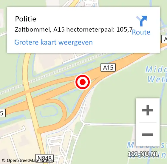 Locatie op kaart van de 112 melding: Politie Zaltbommel, A15 hectometerpaal: 105,7 op 10 september 2021 11:34