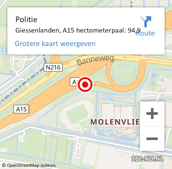 Locatie op kaart van de 112 melding: Politie Giessenlanden, A15 hectometerpaal: 94,9 op 10 september 2021 12:16