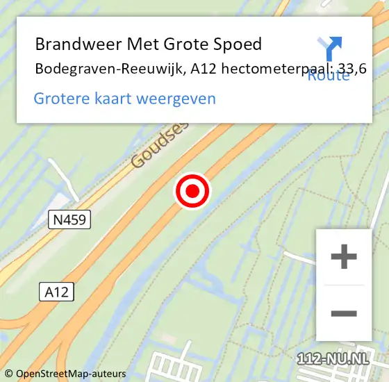Locatie op kaart van de 112 melding: Brandweer Met Grote Spoed Naar Bodegraven-Reeuwijk, A12 hectometerpaal: 33,6 op 10 september 2021 13:44