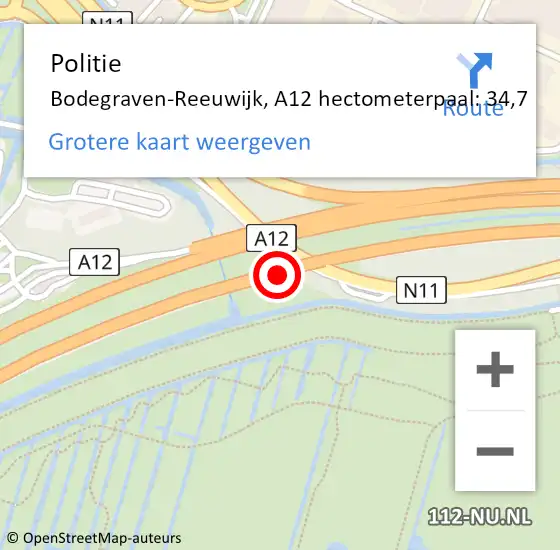 Locatie op kaart van de 112 melding: Politie Bodegraven-Reeuwijk, A12 hectometerpaal: 34,7 op 10 september 2021 13:49