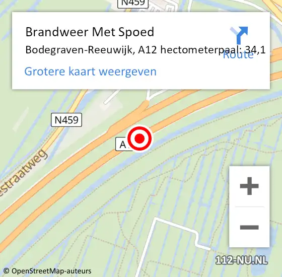 Locatie op kaart van de 112 melding: Brandweer Met Spoed Naar Bodegraven-Reeuwijk, A12 hectometerpaal: 34,1 op 10 september 2021 13:49