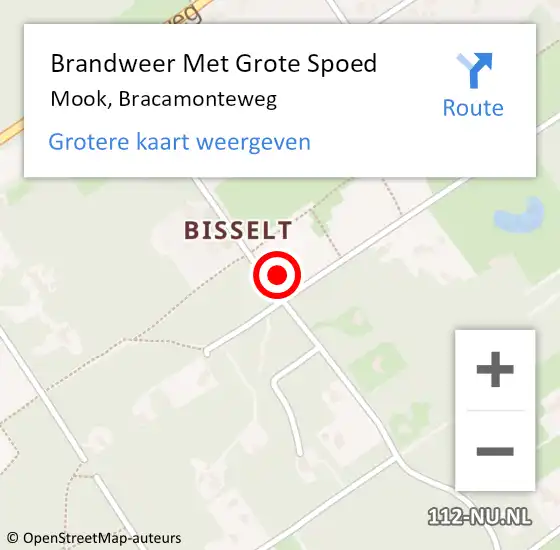 Locatie op kaart van de 112 melding: Brandweer Met Grote Spoed Naar Mook, Bracamonteweg op 10 september 2021 14:37