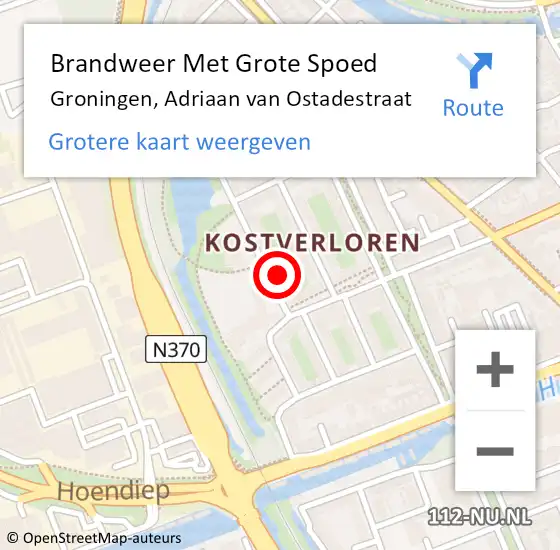 Locatie op kaart van de 112 melding: Brandweer Met Grote Spoed Naar Groningen, Adriaan van Ostadestraat op 10 september 2021 14:47