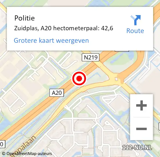 Locatie op kaart van de 112 melding: Politie Zuidplas, A20 hectometerpaal: 42,6 op 10 september 2021 14:57