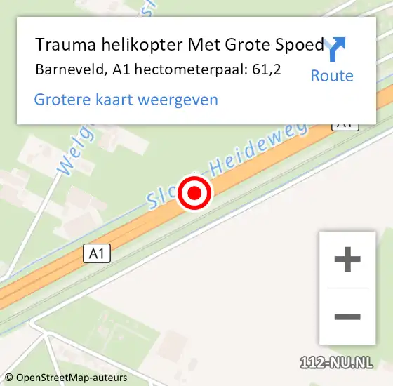 Locatie op kaart van de 112 melding: Trauma helikopter Met Grote Spoed Naar Barneveld, A1 hectometerpaal: 61,2 op 10 september 2021 15:18