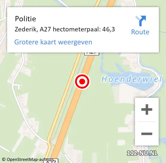 Locatie op kaart van de 112 melding: Politie Zederik, A27 hectometerpaal: 46,3 op 10 september 2021 16:03