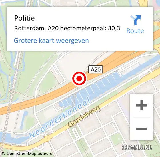 Locatie op kaart van de 112 melding: Politie Rotterdam, A20 hectometerpaal: 30,3 op 10 september 2021 18:06