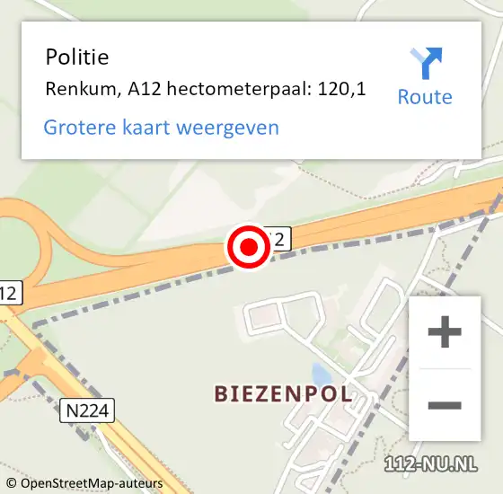 Locatie op kaart van de 112 melding: Politie Renkum, A12 hectometerpaal: 120,1 op 10 september 2021 18:23