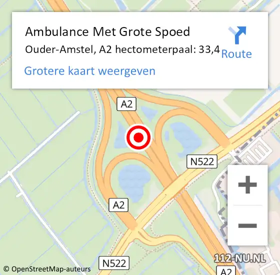 Locatie op kaart van de 112 melding: Ambulance Met Grote Spoed Naar Ouder-Amstel, A2 hectometerpaal: 33,4 op 10 september 2021 19:14