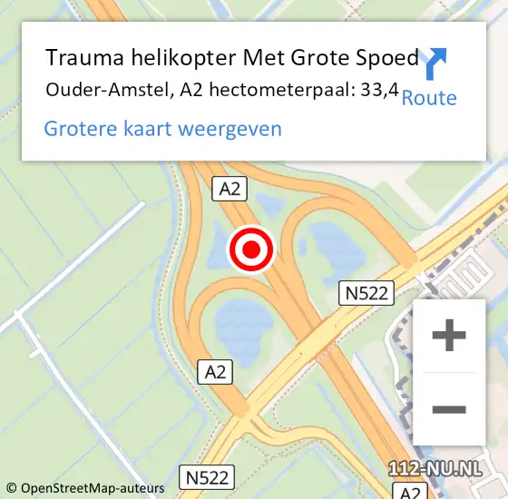 Locatie op kaart van de 112 melding: Trauma helikopter Met Grote Spoed Naar Ouder-Amstel, A2 hectometerpaal: 33,4 op 10 september 2021 19:15