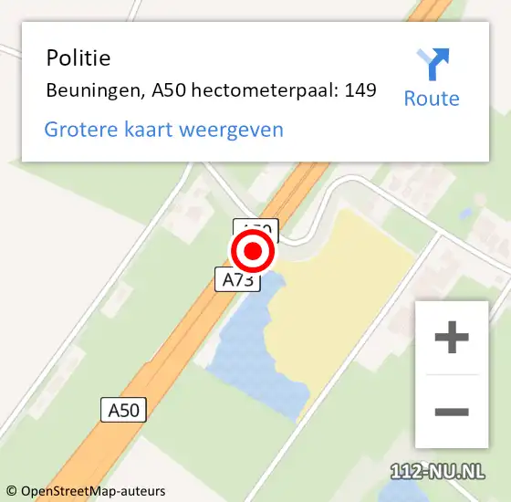 Locatie op kaart van de 112 melding: Politie Beuningen, A50 hectometerpaal: 149 op 10 september 2021 20:31