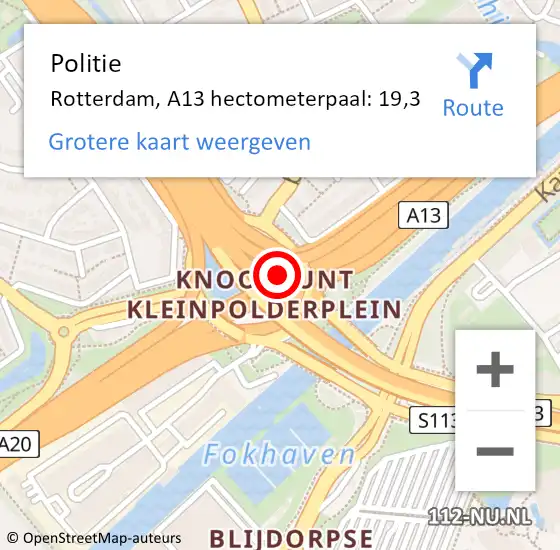 Locatie op kaart van de 112 melding: Politie Rotterdam, A13 hectometerpaal: 19,3 op 10 september 2021 20:32