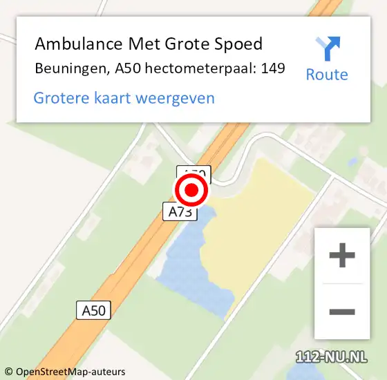 Locatie op kaart van de 112 melding: Ambulance Met Grote Spoed Naar Beuningen, A50 hectometerpaal: 149 op 10 september 2021 20:33