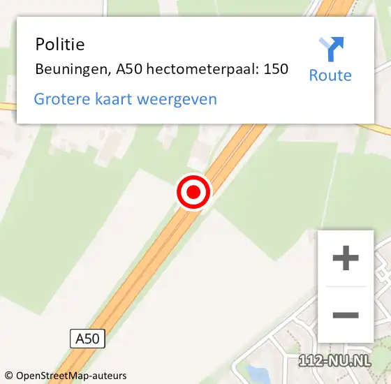 Locatie op kaart van de 112 melding: Politie Beuningen, A50 hectometerpaal: 150 op 10 september 2021 20:35