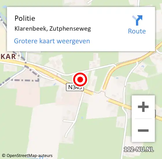 Locatie op kaart van de 112 melding: Politie Klarenbeek, Zutphenseweg op 10 september 2021 20:55
